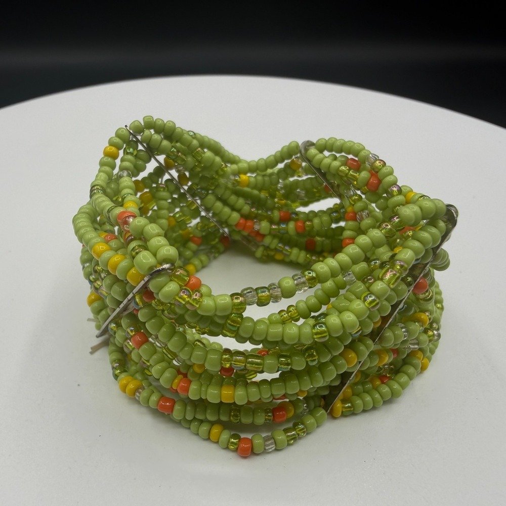 Green Seed Bead Memory Wire Wrap Bracelet Boho Layered Festival Statement Cuff